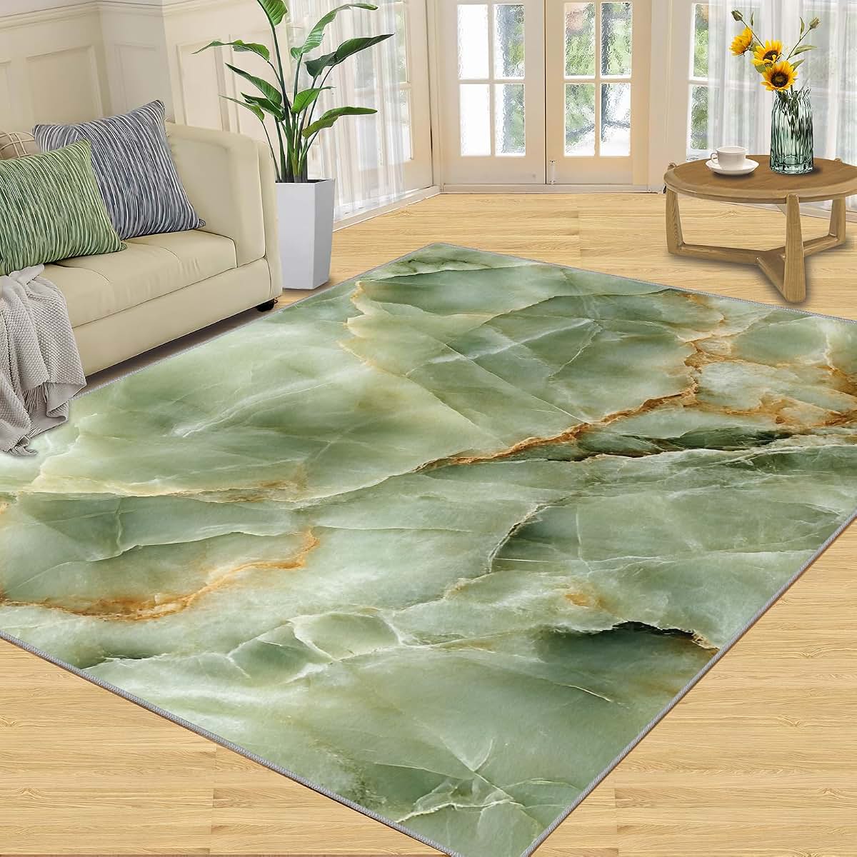 HYGIUID Modern Luxury Marble Area Rugs 4x5 - Stone Textured Marbling Rug for Entryway, Abstract Green Marble Washable