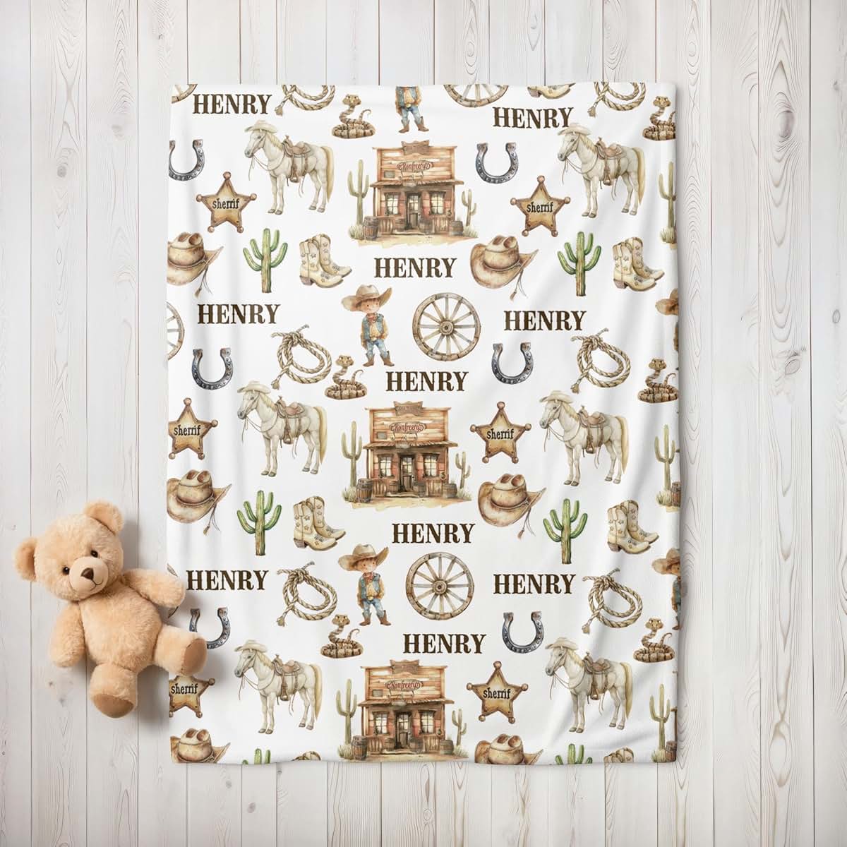ZEBRA88 Personalized Baby Boy Gifts With Name, Cowboy Infant Blankets, Custom Baby Blanket Boy, Western Blanket