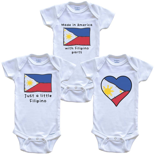 Made in America with Filipino Parts Funny Philippines Flag Baby Bodysuit Bundle 3 Piece Gift Set