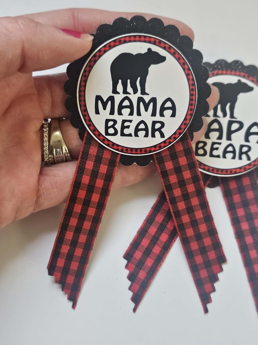 Amy's Bubbling Boutique Mama Bear & Papa Bear Baby Shower Pins Daddy to Be Pin Buffalo Plaid Gender Reveal, Red & Black (photo 2)