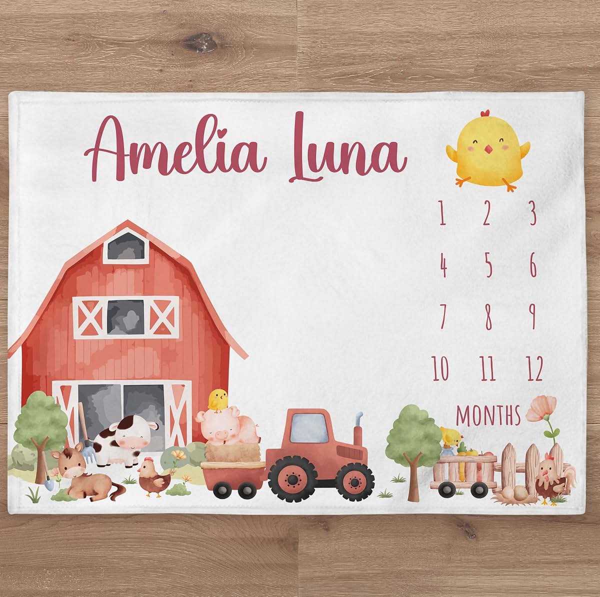 UnoCo Farm Cow Baby Blanket Personalized Baby Girl Month Blanket Tractor Nursery Custom Newborn Calendar New Mom