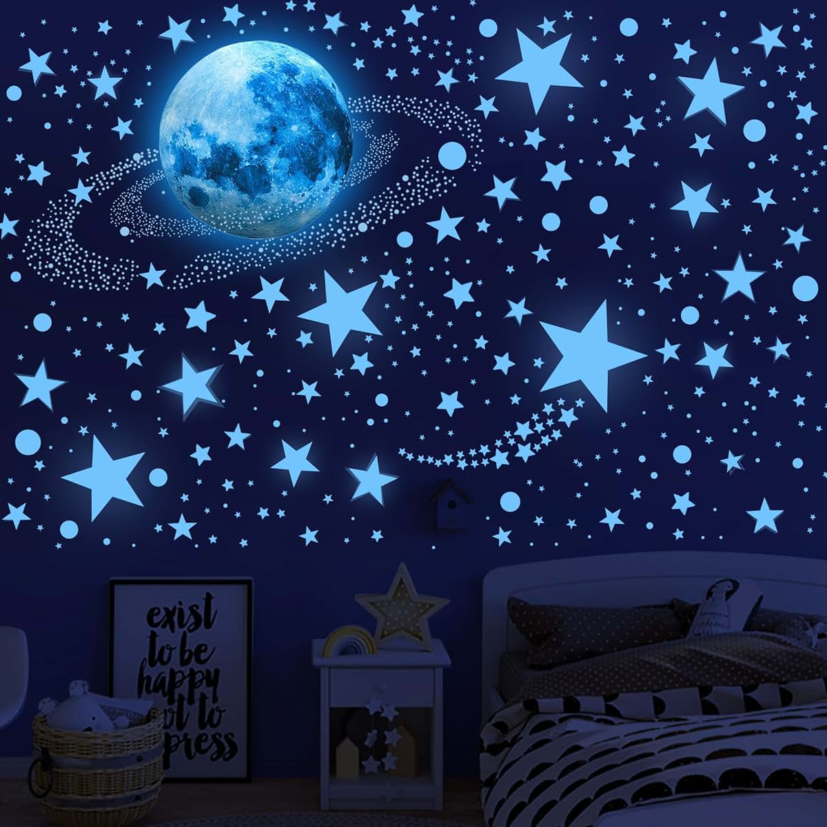 BabyOneStop 492-Piece Glow In The Dark Stars And Moon Wall Decals For Ceiling Decor