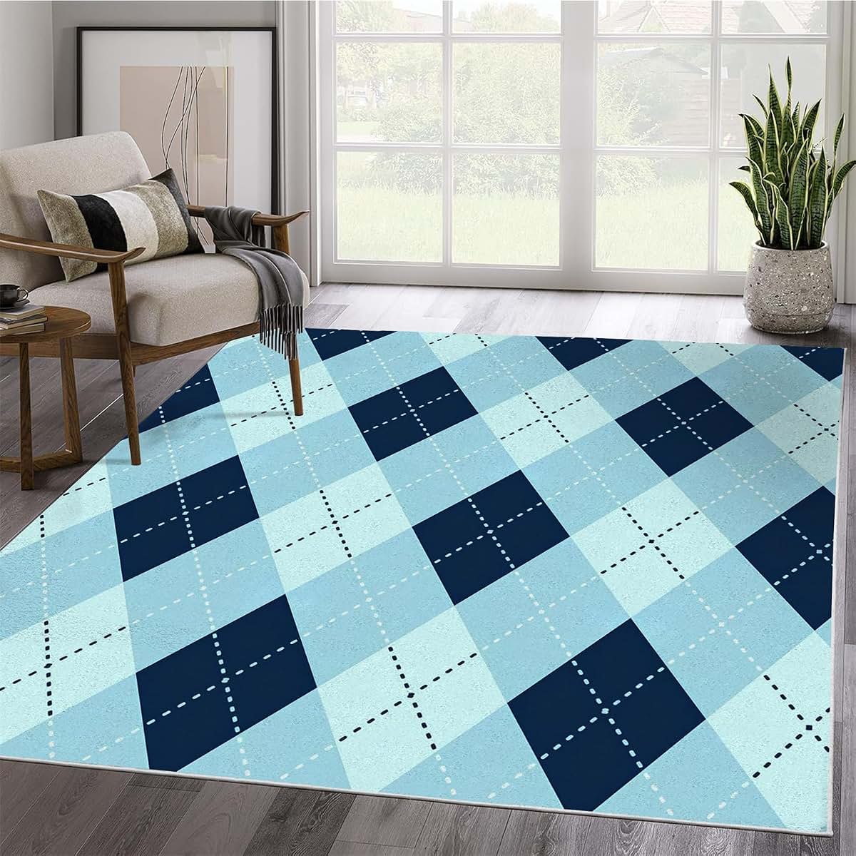 Syhi Qlty Plaid Rug Washable Area Rug, Blue and Teal Checkered 3x5