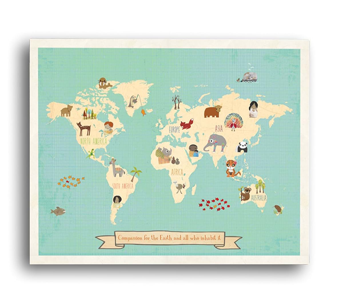 Children Inspire Design Global Compassion World Map 24x18 Print, Children's Wall Art Map, Kid's Animal World Map