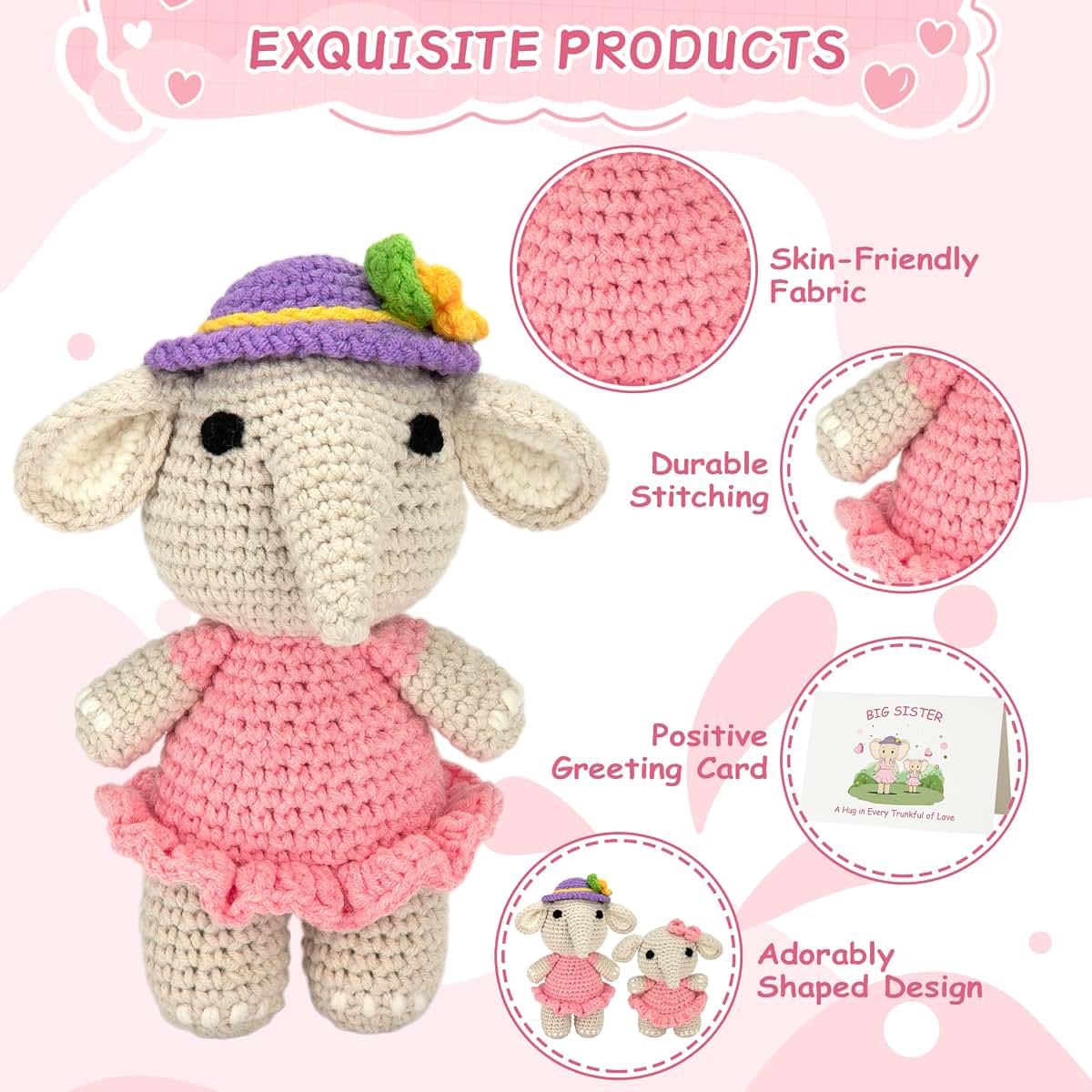 ZenDecor Big Sister Gifts from New Baby, Crochet Elephant Plush with Greeting Card (photo 4)