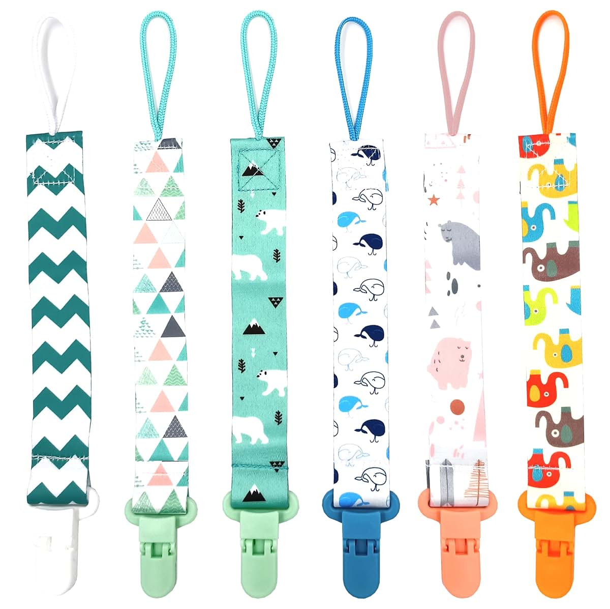 OnlyBP Set Of 6 Baby Pacifier Holder Clips With Modern Unisex Prints