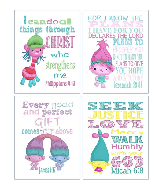 Pixie Paper Trolls Christian Nursery Decor Set of 4 Prints