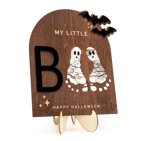 RUSATEN My Little Boo Wooden Halloween Sign – Baby Footprint Ghost Keepsake Plaque – Happy First Halloween Nursery