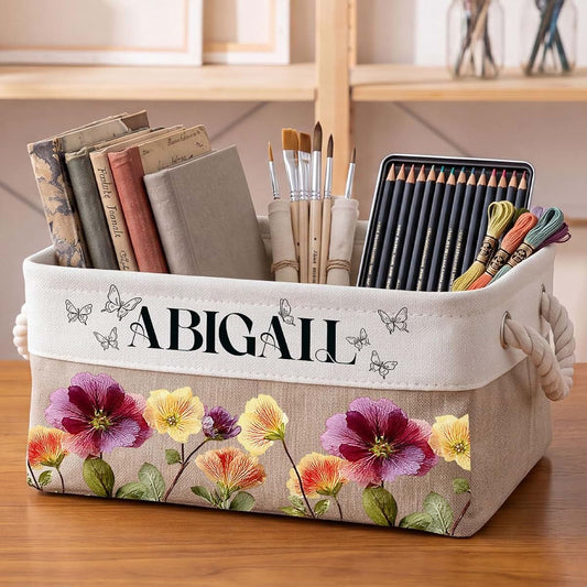 HCRSEVENUS Personalized Storage Basket With Birth Month Flower, Birthday Gifts For Besties, Sisters, Book Lovers