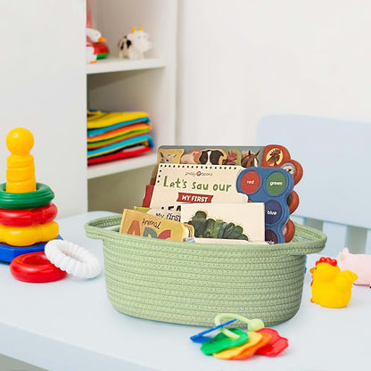 Honcesta Small Woven Gift Basket, Green Cotton Rope Storage Bin