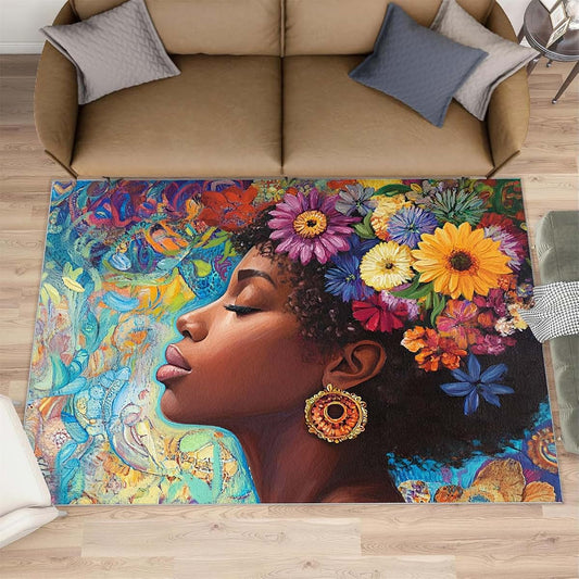 HYGIUID African Woman Area Rugs 4x5 - Female Portrait Rug for Entryway, Florals Art Washable Entry Way Rugs Kids Carpet
