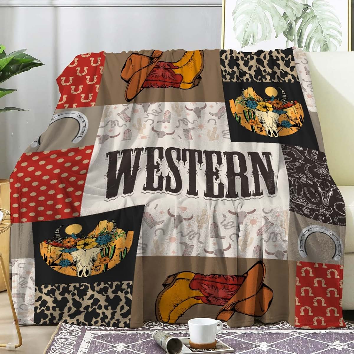 MYSTCOVER Retro Cactus Cow Horse Custom Blanket Wild West Personalized Name Kid Blankets Gifts Animal Western Throw (photo 2)