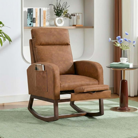Tedyle Modern Nursery Rocking Chair with Footrest, PU Upholstered Glider Rocker Armchair with High Back, Padded Seat &
