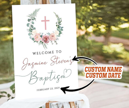 MOTIVE GIFT Personalized Baptism Welcome Sign, First Communion Welcome Sign, Flower Baptism Welcome Sign, Baptism
