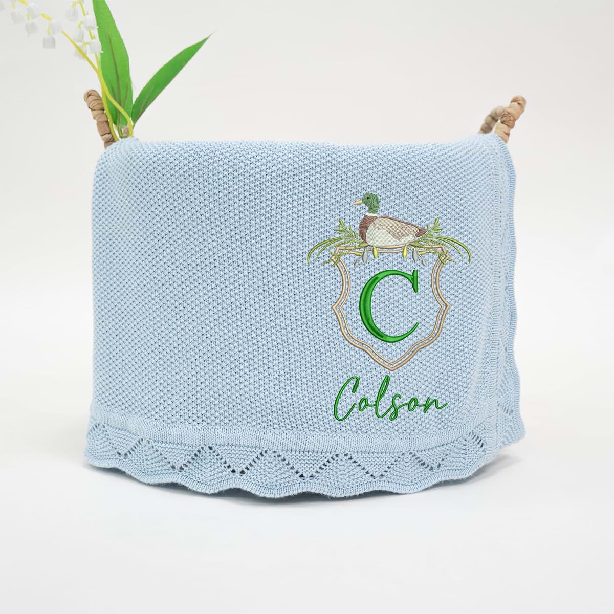 SWaddle AN Embroidered Baby Knit Blanket with Mallard Duck Frame, Personalized Initial Blanket, Custom Newborn Gift (photo 4)