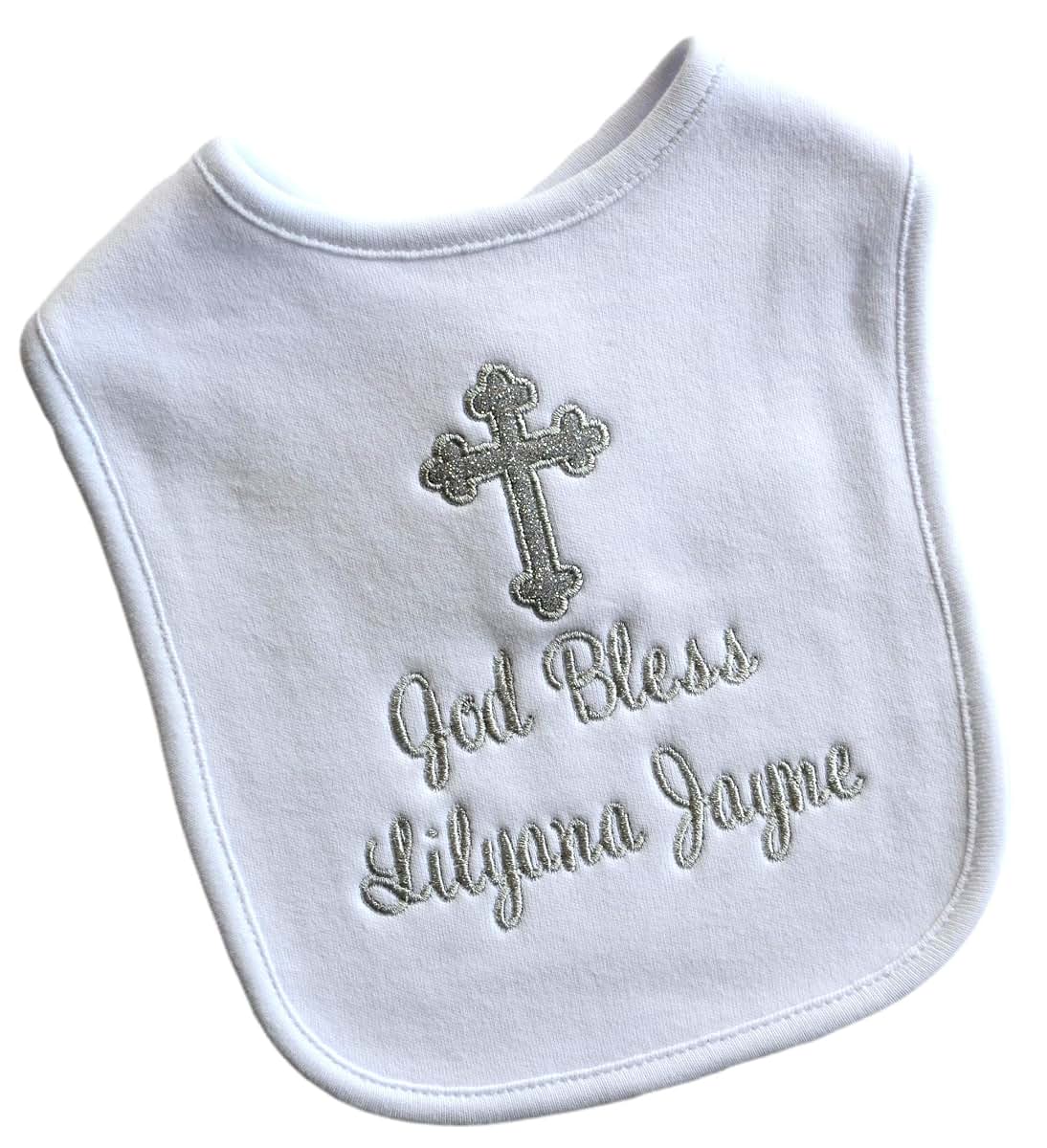 Funny Girl Designs Christening Keepsake Bib for Girls Embroidered with Glitter Cross Personalized with Your Custom Name