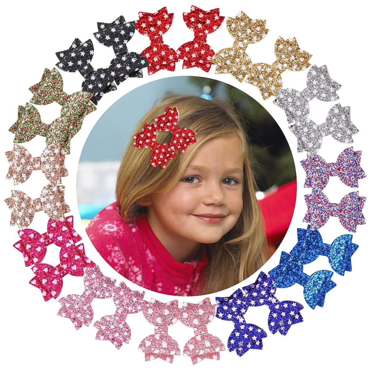 XIMA 24Pcs Sparkly Star Glitter Bow Hair Clips for Girls Toddlers Kids