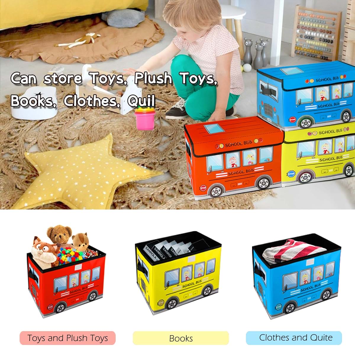 Saderoy Kids Toy Chest and Storage Organizer, School Bus Pattern, 3 Pack (photo 2)