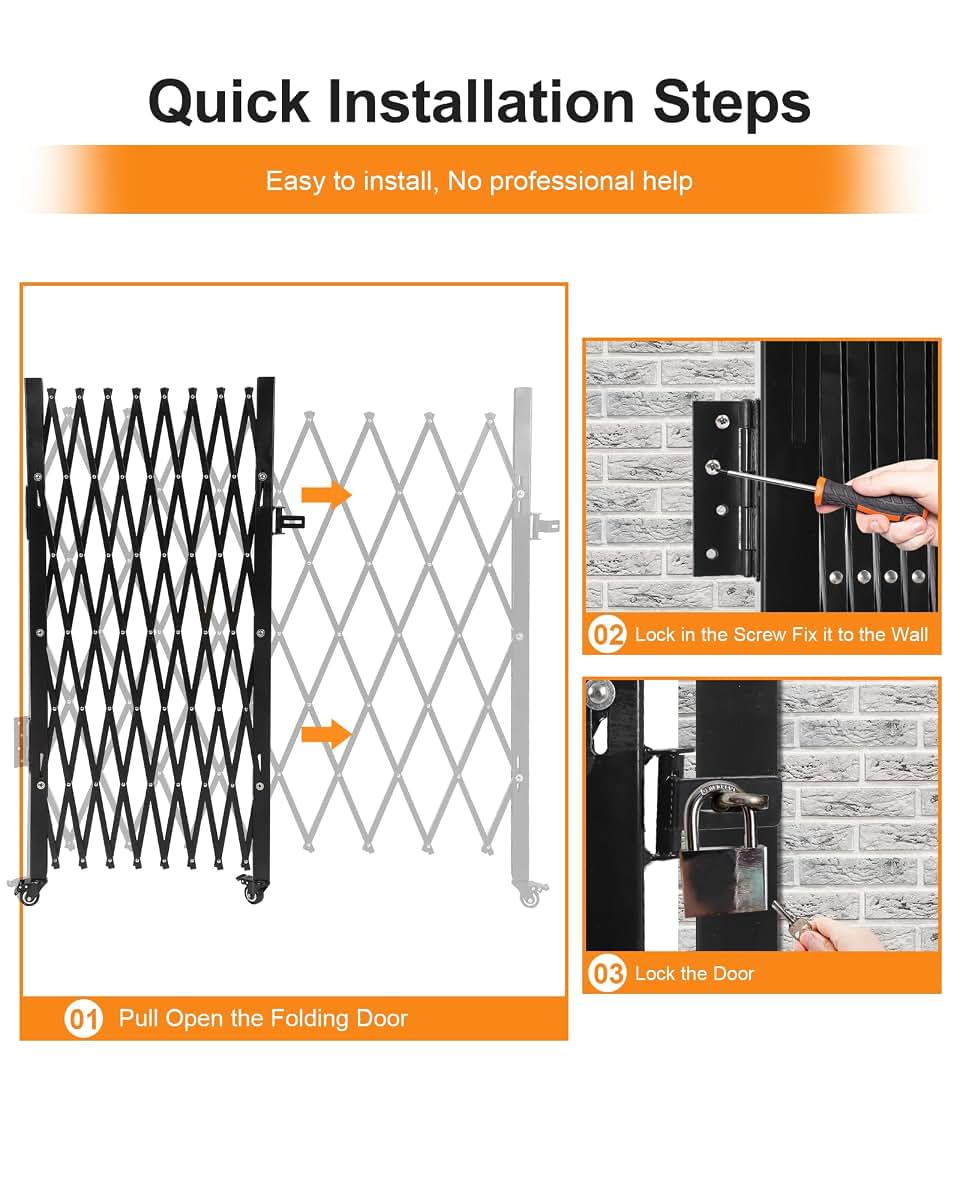 EcoExplorer Single Folding Security Gate, 85" H x 95" W Black Expanding Barrier (photo 4)