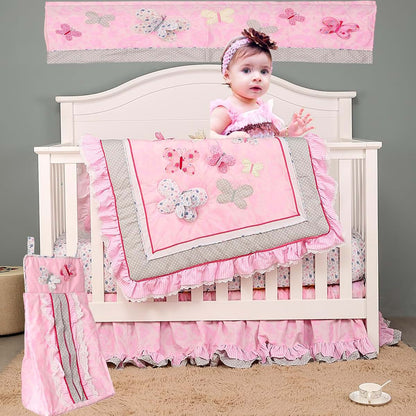 MUTZOBIIBY Cotton Pink Embroidery Butterfly Crib Bedding Set