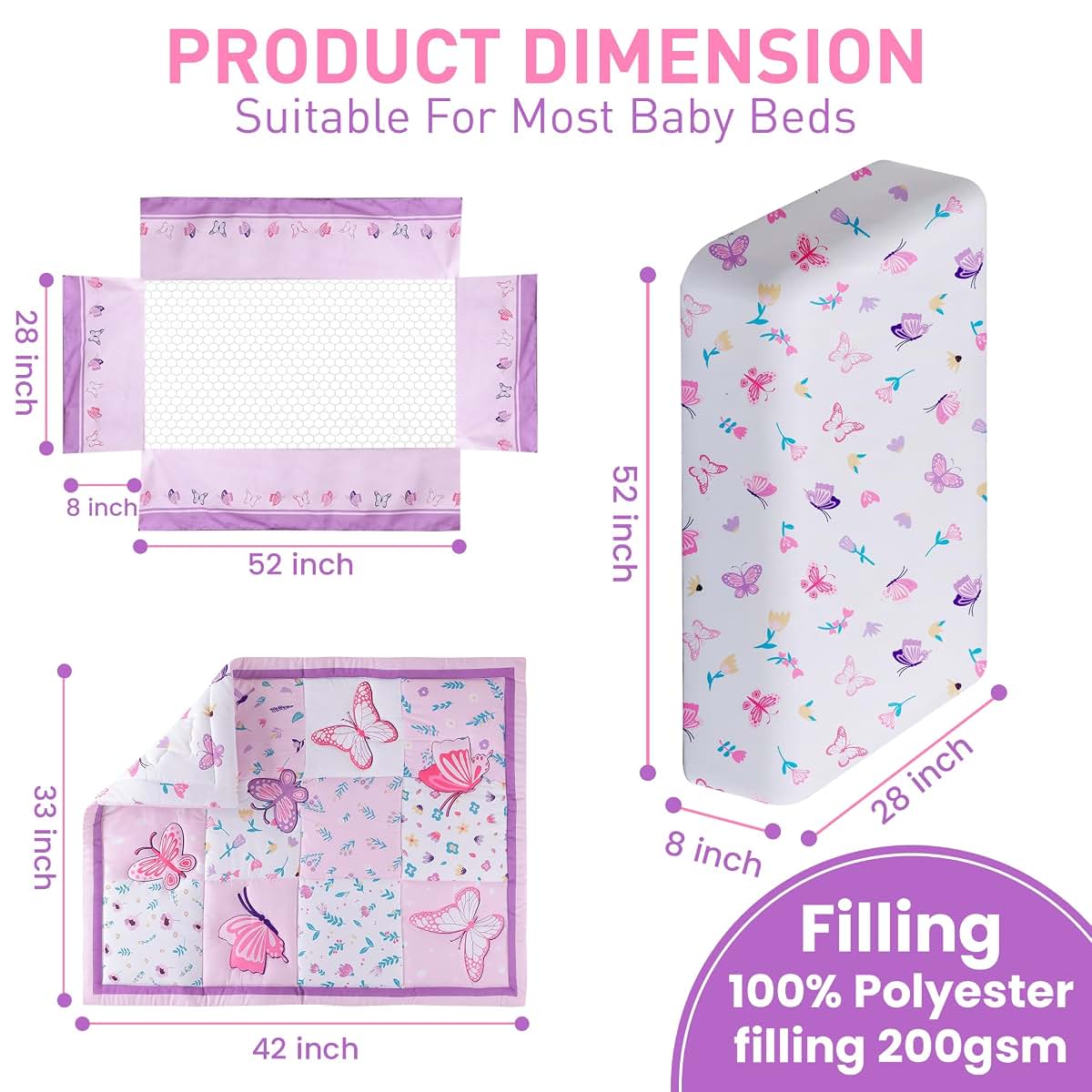 AURAHOMEANDNEST 3-Piece Baby Crib Bedding Set, Butterfly Pattern (photo 2)