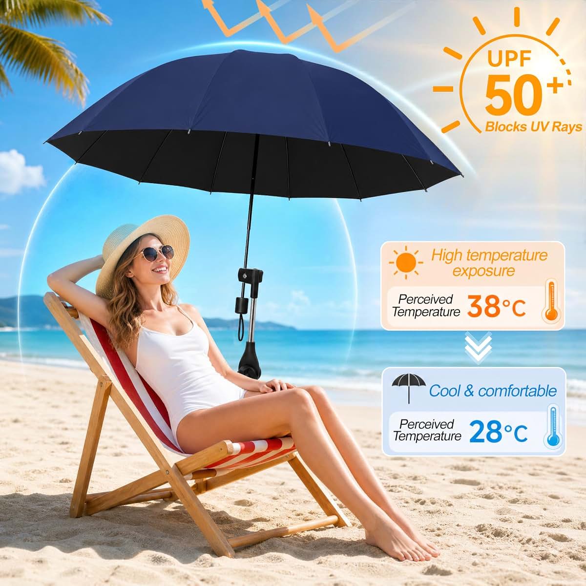 ATOWORLD Beach Chair Umbrella with Clamp Adjustable 360°Outdoor Portable Shade Chair Umbrella UPF 50+ for Outdoor