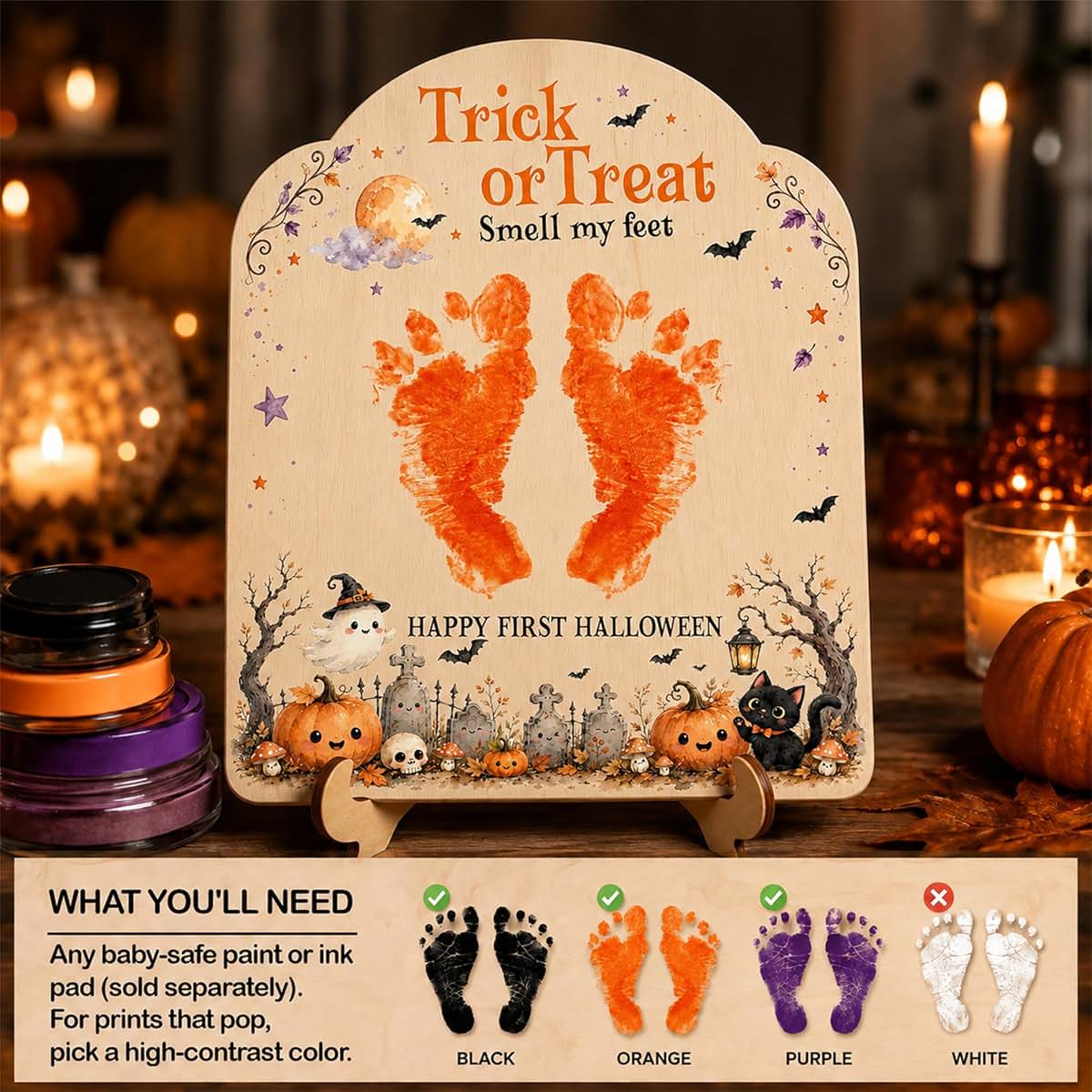 SAMDEMORY POD Baby's First Halloween Wooden Footprint Keepsake Sign with Stand (photo 4)