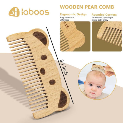 laboos Baby Hair Brush and Comb Set with Wooden Handle and Goat Bristles, Bear