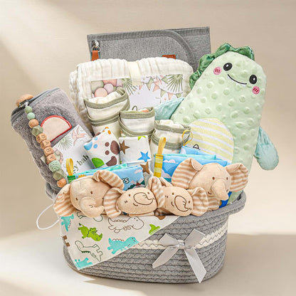 Essential Newborn Baby Boy Gift Basket Set | Dinosaur Themed Essentials