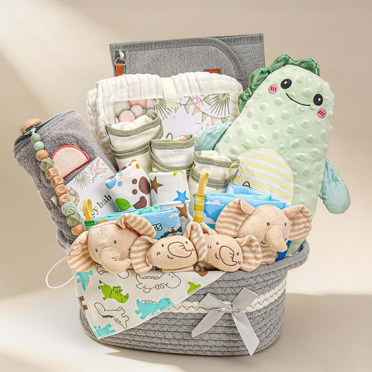 Essential Newborn Baby Boy Gift Basket Set | Dinosaur Themed Essentials
