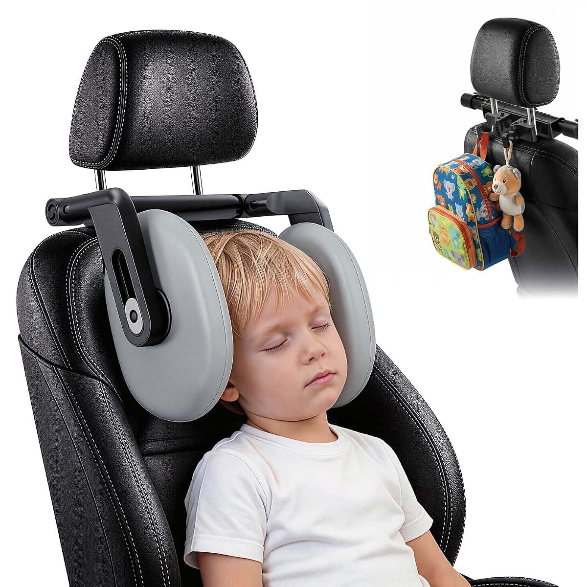 Zurefano Adjustable Car Headrest Pillow with Hooks, Grey