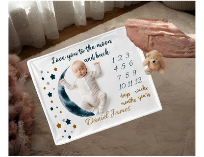 ZEBRA88 Personalized Month Milestone Baby Blanket, Moon & Stars Growth Tracker Quilt, Soft Sherpa Comforter for Infant (photo 4)