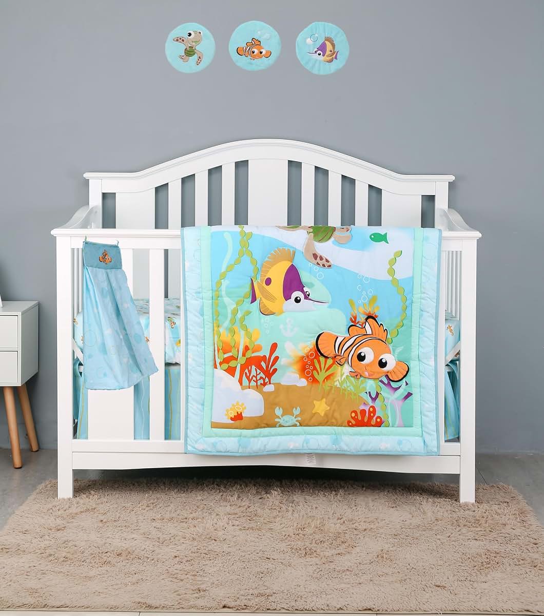 CribMATE Blue Ocean Nursery Crib Bedding Set for Boys Quilt/Fitted Sheet/Skirt/Diaper Stacker/Wall Canvas Decor
