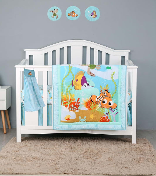 CribMATE Blue Ocean Nursery Crib Bedding Set for Boys Quilt/Fitted Sheet/Skirt/Diaper Stacker/Wall Canvas Decor