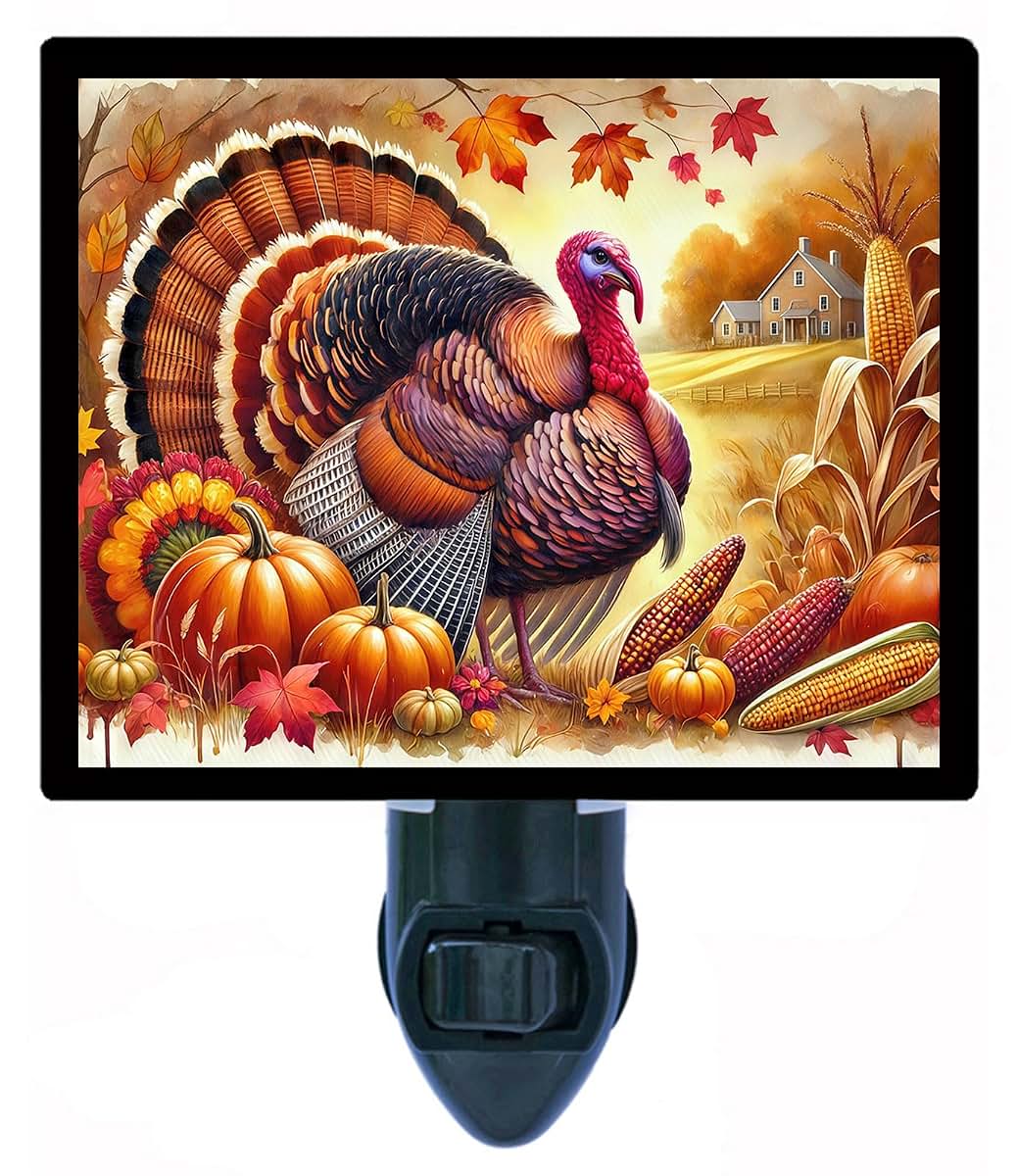 Night Light Designs Autumn Majesty Night Light– Fall Turkey Design, Fully Enclosed, Rotating Plug, Glass Front, 4 Watt