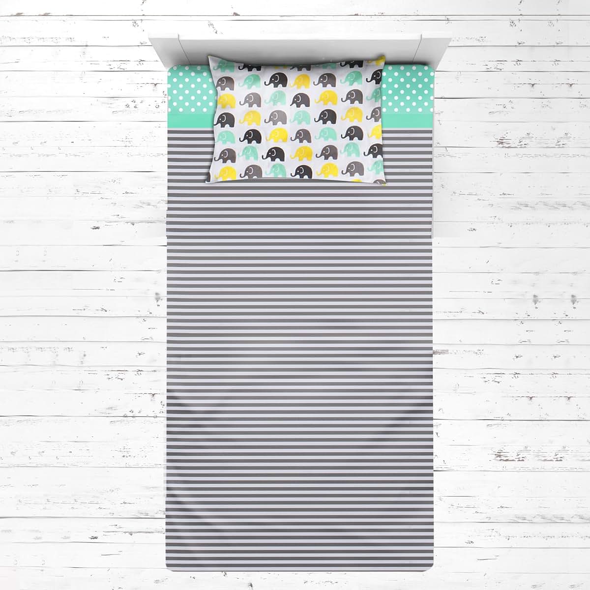 Bacati - Elephants 3 Pc Toddler Bedding Sheet Set (Mint/Yellow/Grey)