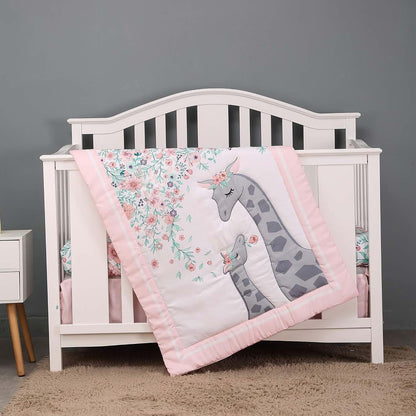 CribMATE Pink Floral Giraffe Nursery Crib Bedding Set