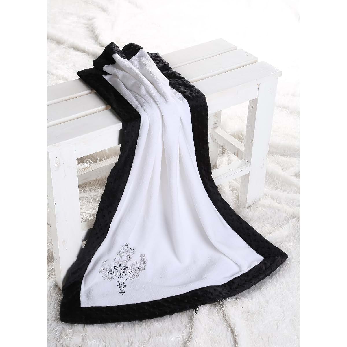Bacati Damask Baby Blanket in White and Black (photo 3)