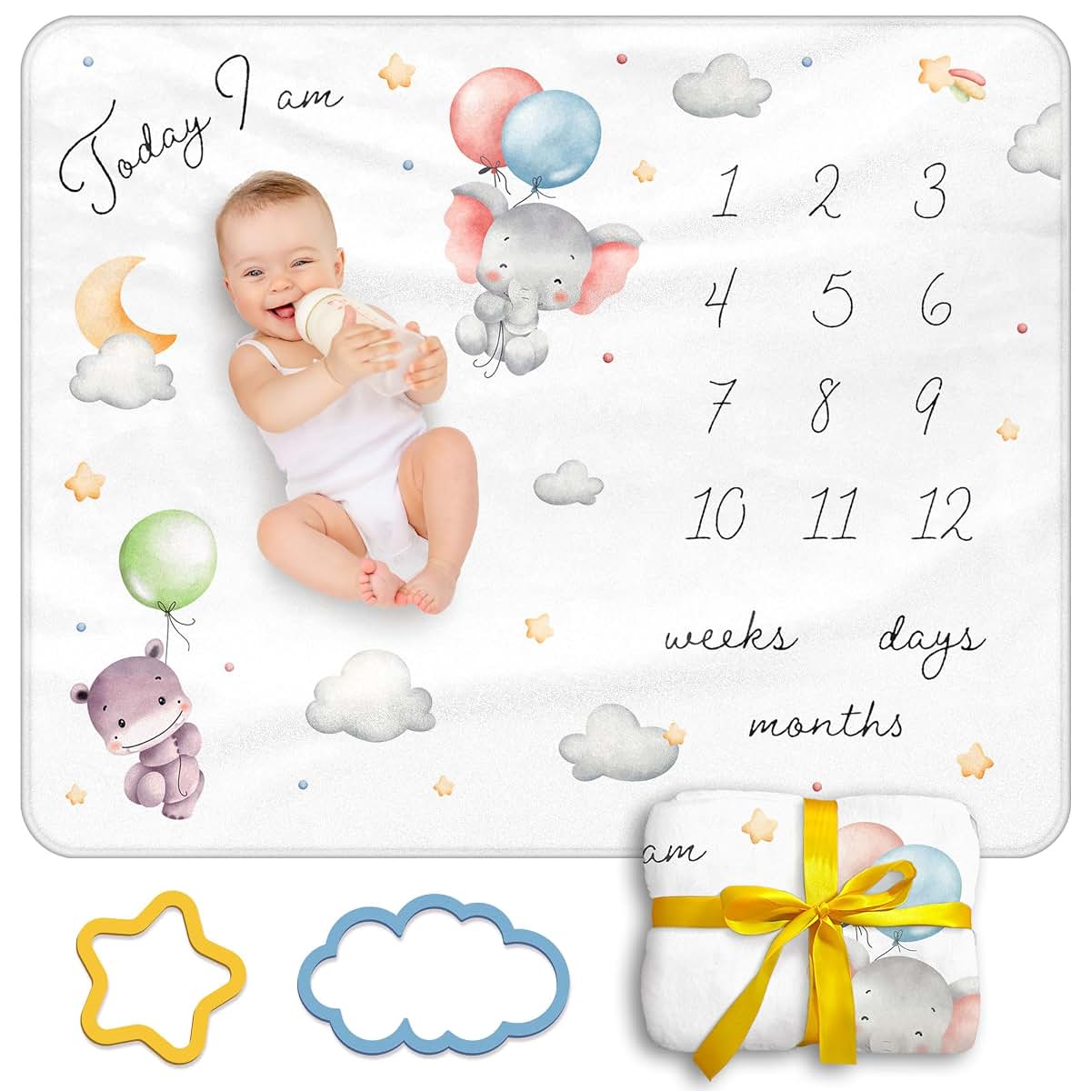 Moreiriny Baby Milestone Blanket With Cloud & Star Design And Markers
