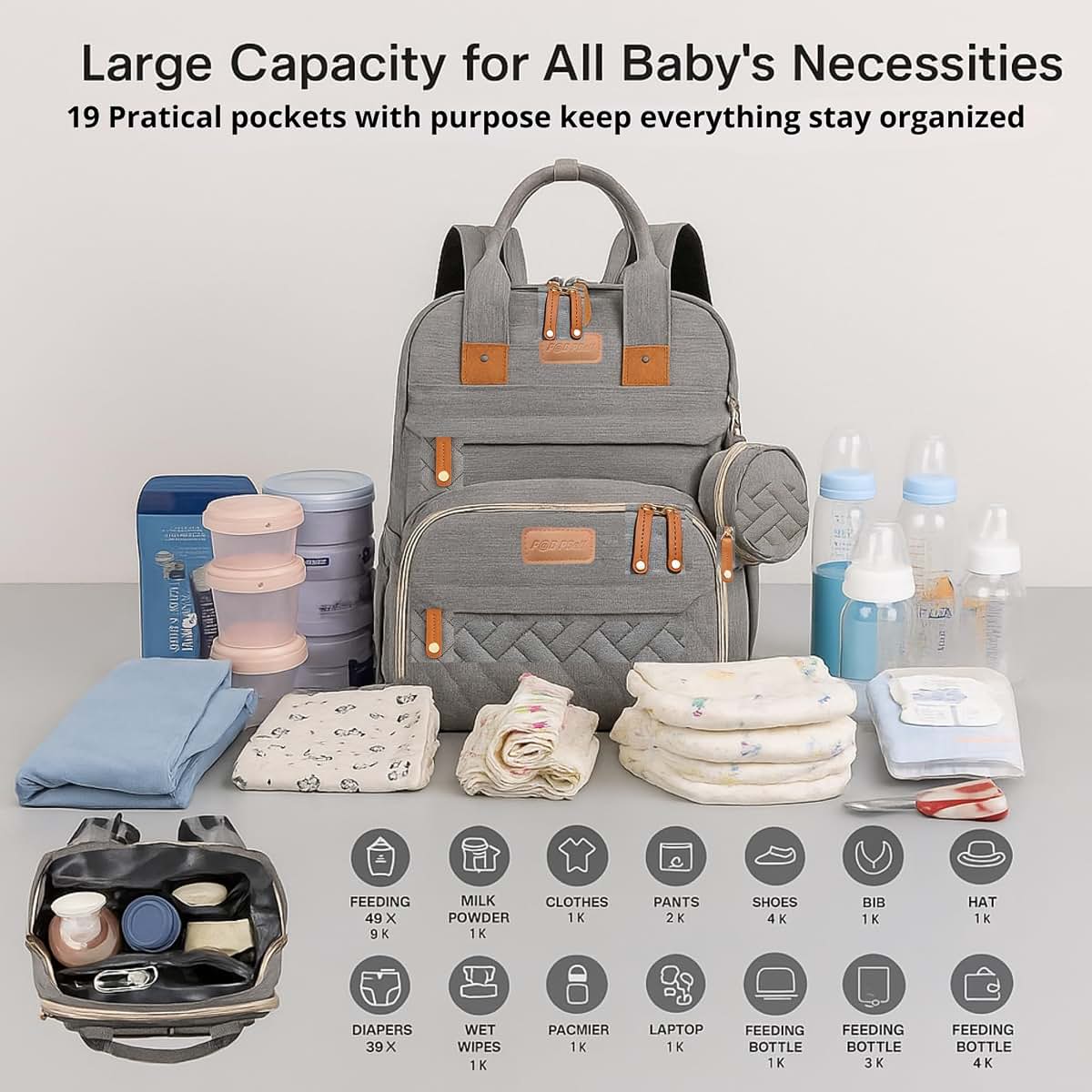 P@B PBell Bebetaje XL Diaper Bag Backpack with Changing Station, Grey (photo 4)