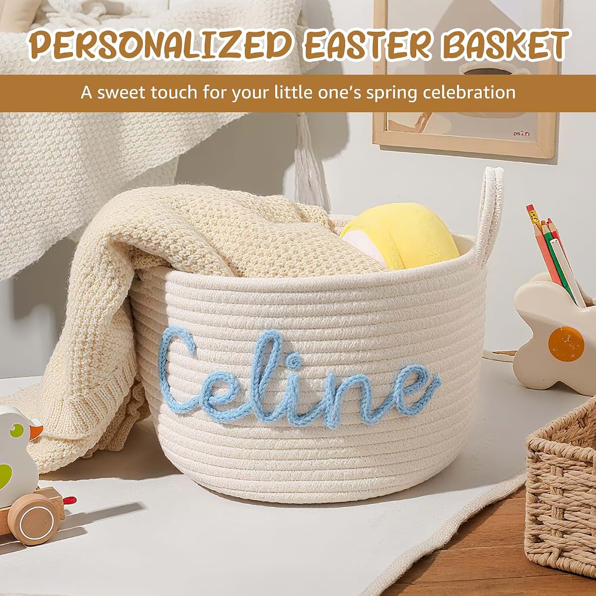 Delitic Personalized Baby Basket with Name Custom Baby Gifts Custom Cotton Rope Storage Bin for Newborn Keepsake (photo 3)