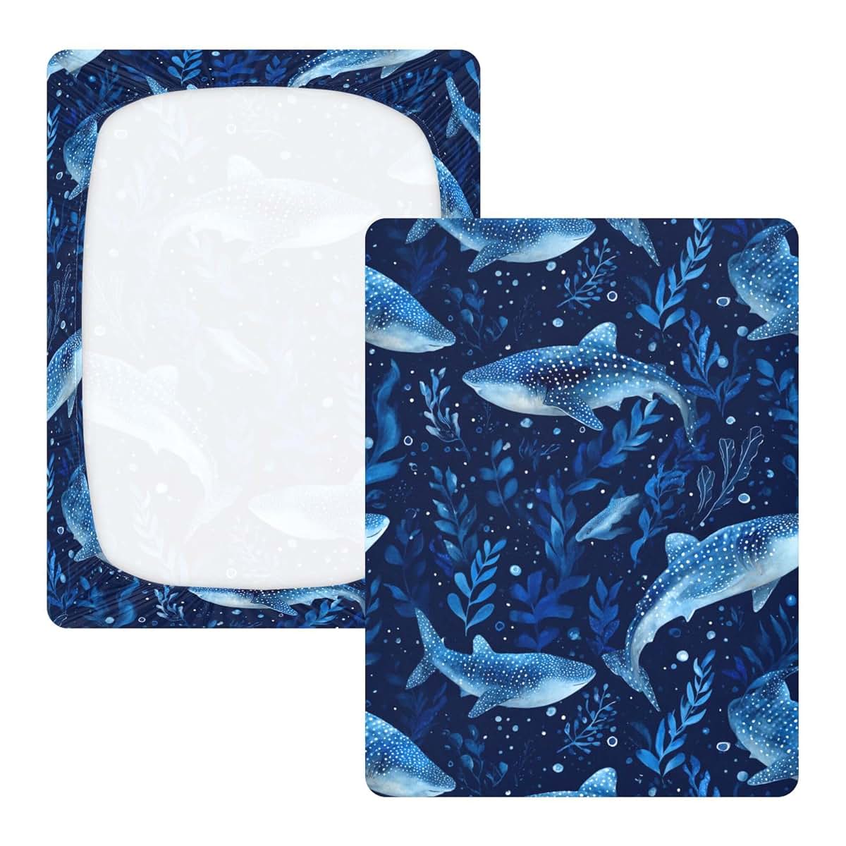 Mazeann Watercolor Whale Sharks Fitted Crib Sheet, Cotton Mini Crib and Playard Cover, 39 x 27 x 5 in