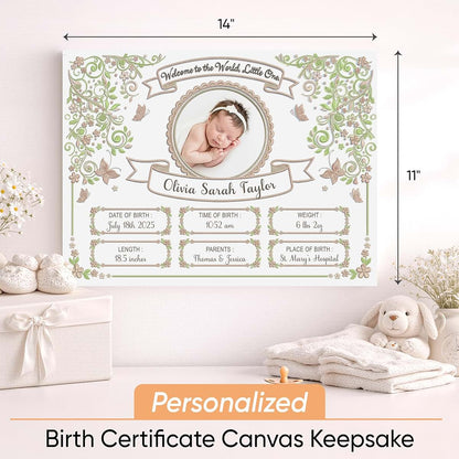 Shape28 Personalized Birth Certificate Canvas with Custom Name, Photo and Birth Stats, 3 Color Themes, Nursery Wall Art