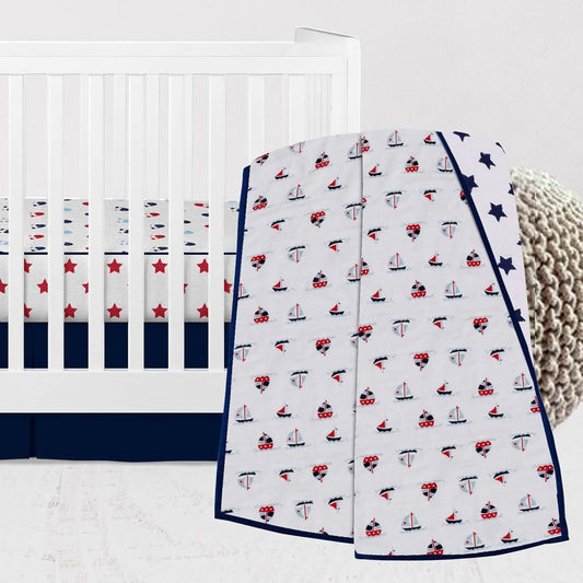 Bacati Nautical Whales/Boats/Stars Muslin 3pc Crib Set with 4 Layer Lux Muslin Dream Blanket (Boys Navy/Red)