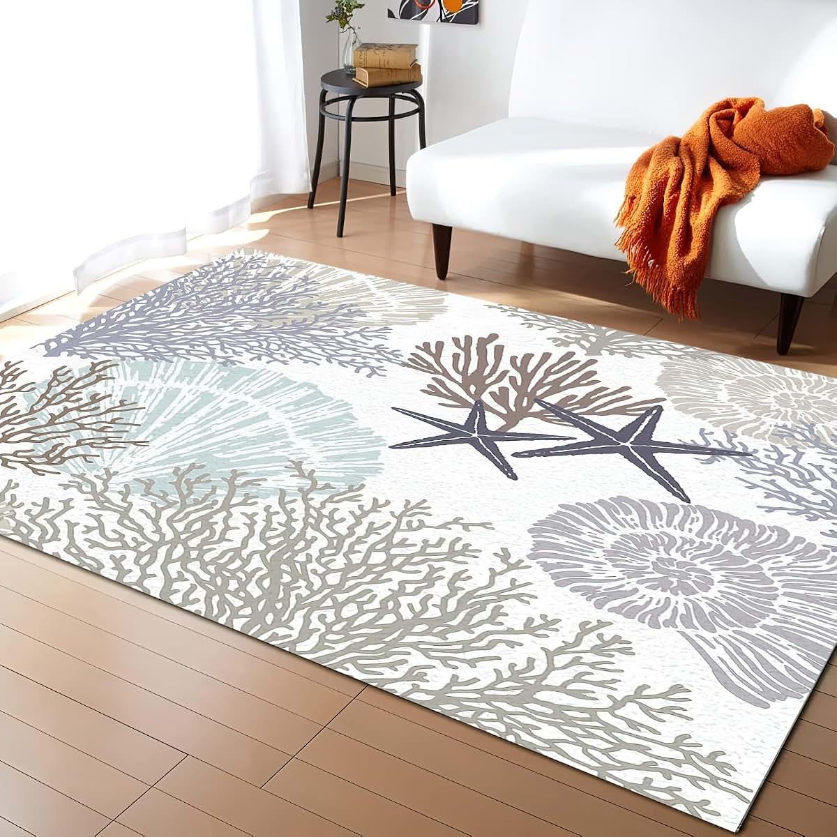 TIMOILU 4x5 Area Rug With Gray Conch Coral And Starfish Shell Design