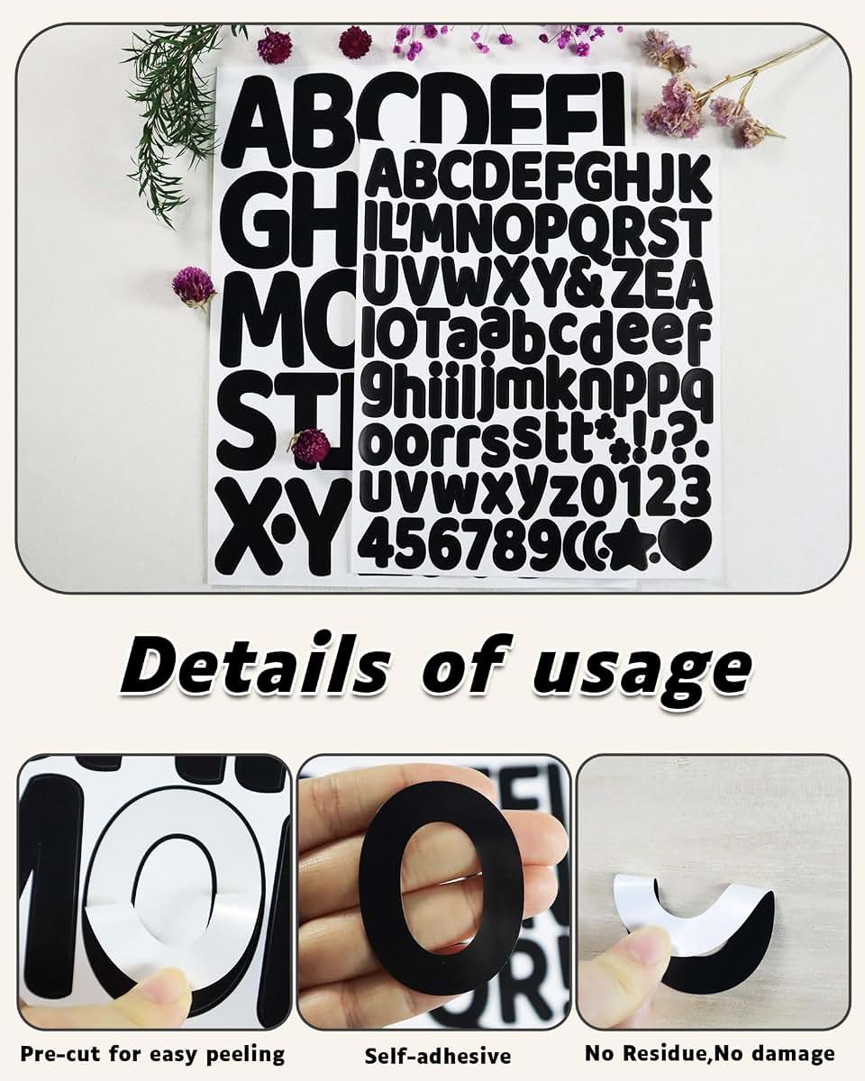 Hseonmauyi Self-Adhesive Black Alphabet And Number Stickers, 738 Pieces