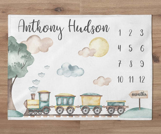 UnoCo Train Baby Milestone Blanket, Custom Adventure Blanket, Personalized Train Baby Boy Month Blanket, Newborn Gift