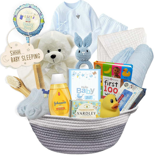 Beyond The Box New Baby Boy Gift Basket | Unique Gift Set for a NEW MOM Light Blue Baby Gift Set. Welcome Baby Care