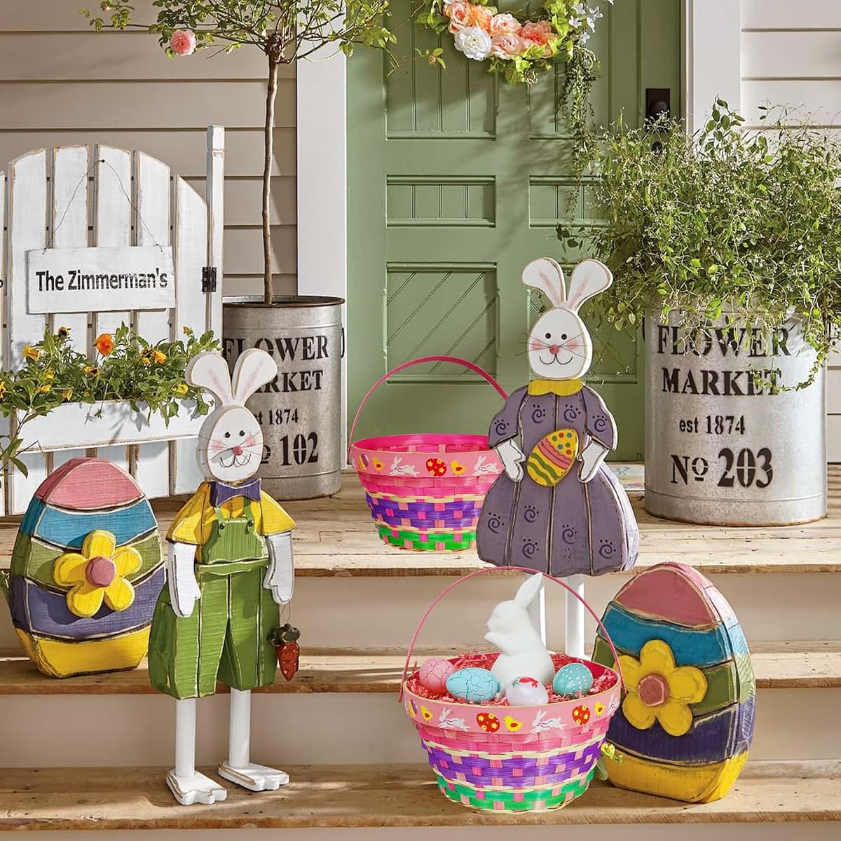 Uptotop 4 Pc Woven Bamboo Easter Basket Set with Handles and 5 Color Crinkle Paper Filler