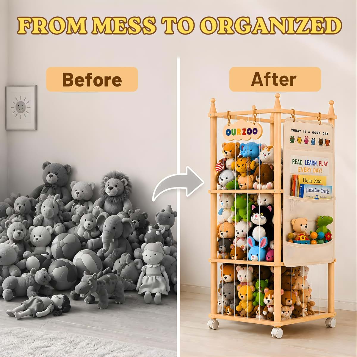 ZEXOO Stuffed Animal Storage Zoo with Wheels, Large Wooden Plush Toy Organizer Tower (photo 2)